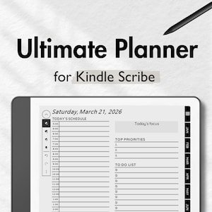 Peut inclure: Un planificateur numérique pour Kindle Scribe avec le texte "Ultimate Planner" et "for Kindle Scribe". Le planificateur affiche un emploi du temps, les principales priorités et une liste de tâches. Un stylet est visible.