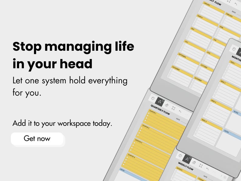 May include: Digital planner interface with a white background. The text reads "Stop managing life in your head" and "Add it to your workspace today." The planner displays weekly, quarterly, and monthly flow layouts with yellow and blue accents.