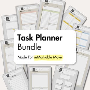 Peut inclure: Un ensemble de planificateurs de tâches numériques pour tablettes reMarkable Move, présentant plusieurs mises en page d'écran, notamment des modèles de flux de travail, de brainstorming, de matrice de priorité, de flux mensuel, de notes et de listes.