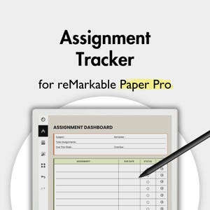 Può includere: Un modello digitale di tracciamento compiti per reMarkable Paper Pro, dotato di una dashboard con campi per materia, semestre, totale compiti, scadenze settimanali e arretrati, oltre a una tabella per compito, data di scadenza e stato.