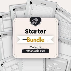 May include: A digital planner starter bundle for reMarkable Pure featuring a central square label with a rocket icon, the text Starter Bundle, and Made For reMarkable Pure, surrounded by various grayscale productivity template pages.