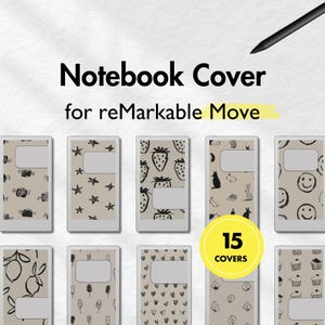 May include: Notebook covers for reMarkable Move, featuring various designs. The covers include patterns of strawberries, stars, and smiley faces. The image shows 15 different covers, each with a unique design and a white rectangular space.