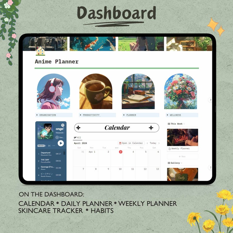 May include: A digital dashboard with a calendar, daily planner, weekly planner, and other features. The dashboard is designed with an anime theme and features images from popular anime shows.