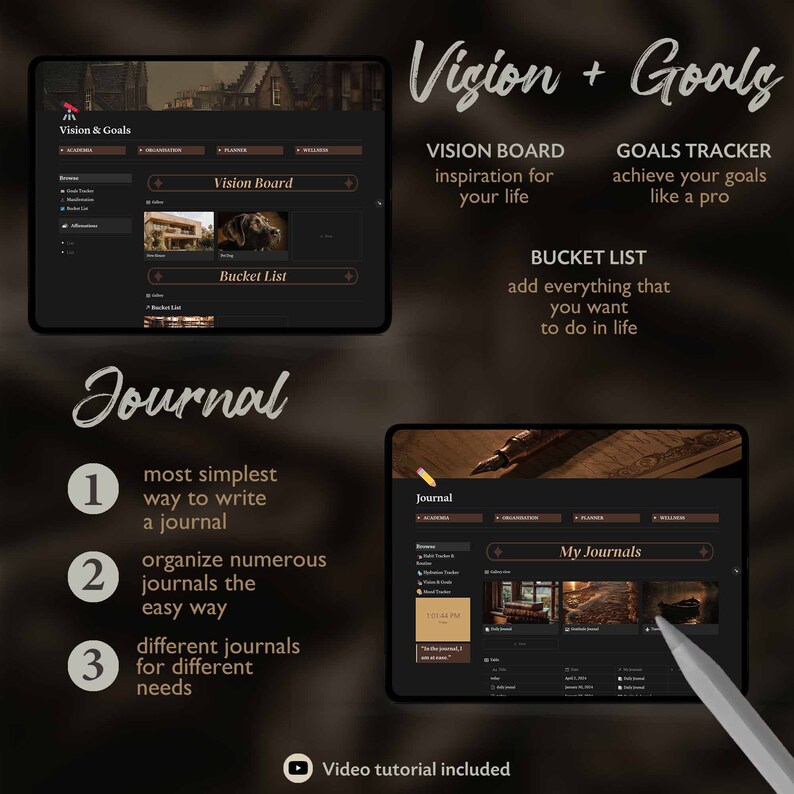 Op de afbeelding: Een digitale planner-app-interface met een donkere achtergrond en gouden accenten. De app heeft secties voor vision boards, doeltracking, bucket lists en journalen. De tekst "Vision + Goals" wordt bovenaan het scherm weergegeven.