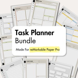 May include: A digital task planner bundle for reMarkable Paper Pro featuring various templates like Brain Dump, Work Flow, Priority Matrix, Monthly Flow, To Do List, Clarity Dump, and Mind Map. The pages have a light grey background with black text.