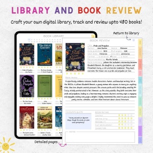 Puede incluir: Interfaz de aplicaci&oacute;n de biblioteca digital que muestra portadas de libros, incluyendo "Orgullo y Prejuicio" y "El Gran Gatsby". La aplicaci&oacute;n permite a los usuarios rastrear y revisar hasta 480 libros, con p&aacute;ginas detalladas. Incluye una secci&oacute;n de rese&ntilde;as de libros.