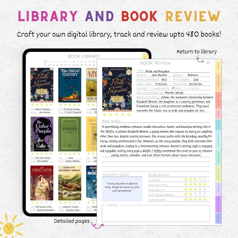 Puede incluir: Interfaz de aplicaci&oacute;n de biblioteca digital que muestra portadas de libros, incluyendo "Orgullo y Prejuicio" y "El Gran Gatsby". La aplicaci&oacute;n permite a los usuarios rastrear y revisar hasta 480 libros, con p&aacute;ginas detalladas. Incluye una secci&oacute;n de rese&ntilde;as de libros.
