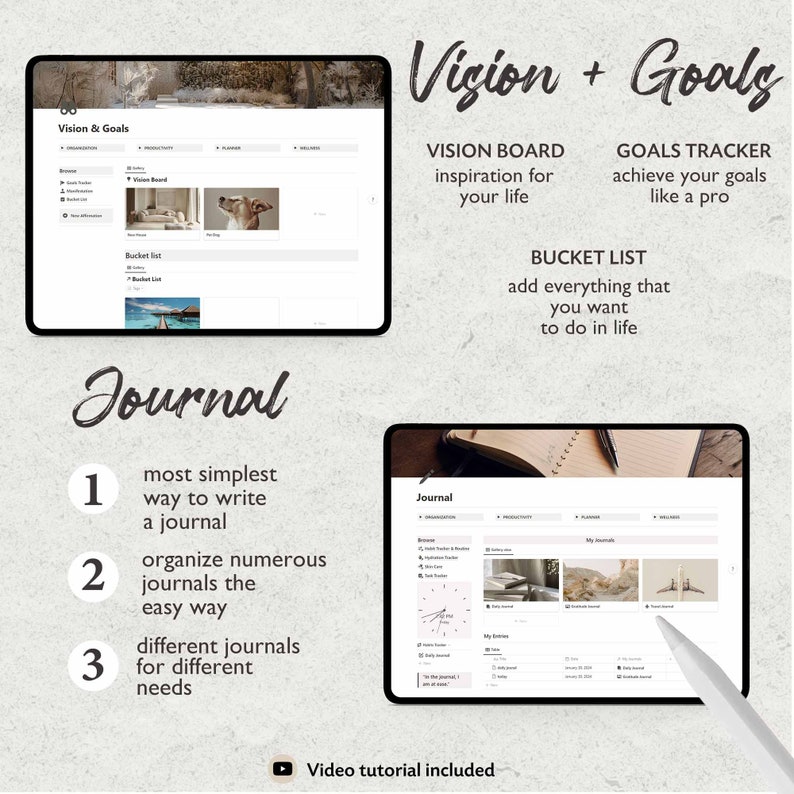 May include: A digital planner with tabs for Vision Board, Goals Tracker, and Bucket List. The planner also includes a Journal section with three numbered steps for using the journal. The text on the screen reads "Vision + Goals" and "Journal".