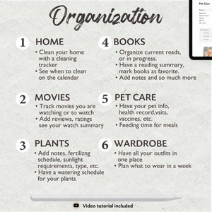 May include: A white board with a black marker on it. The board is divided into six sections, each with a number and a title. The titles are: Home, Movies, Plants, Books, Pet Care, and Wardrobe. Each section has a list of bullet points with tips for organizing each area of life. The text at the bottom of the board says "Video tutorial included".