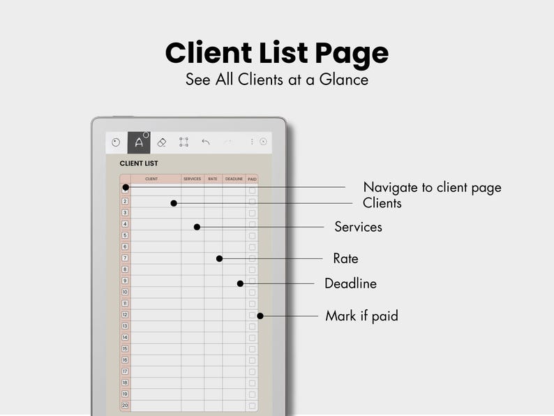 May include: A digital client list page template featuring a table with columns for client names, services, rates, deadlines, and payment status. The interface includes navigation labels pointing to specific sections like clients, services, and payment checkboxes.