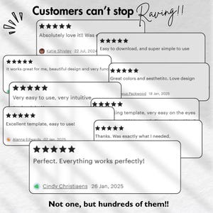May include: A collection of white rectangular customer review cards featuring five-star ratings and text comments. The top text reads Customers can't stop Raving!! and the bottom text reads Not one, but hundreds of them!!, displayed in a layered stack.