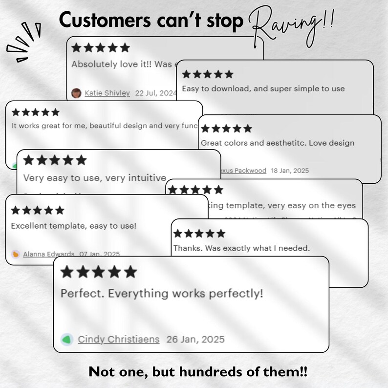 May include: A collection of white rectangular customer review cards featuring five-star ratings and text comments. The top text reads Customers can't stop Raving!! and the bottom text reads Not one, but hundreds of them!!, displayed in a layered stack.