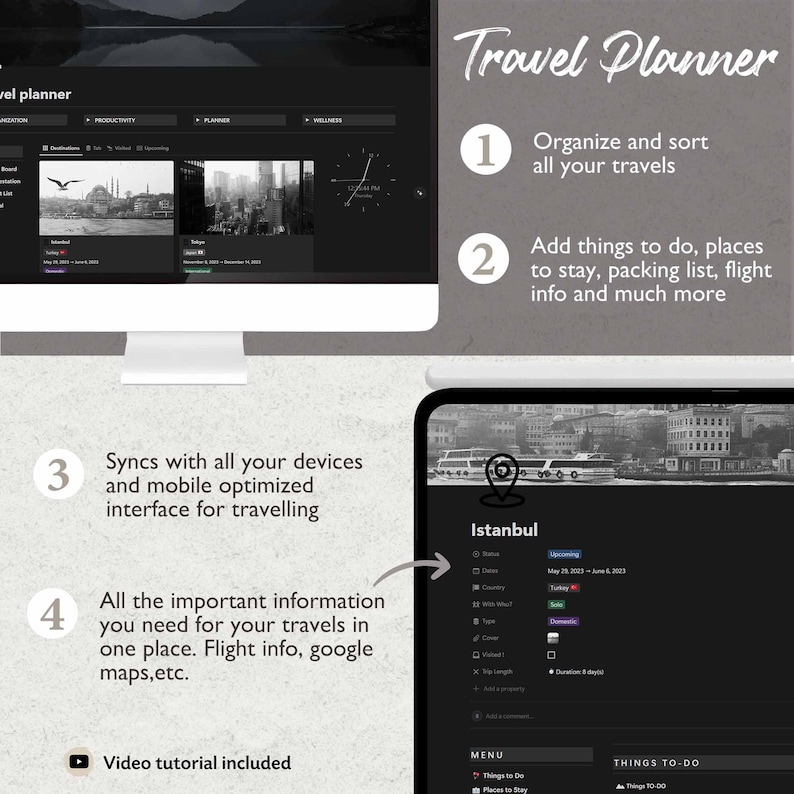 May include: A screenshot of a travel planner app with a black and white photo of Istanbul, Turkey. The app has a menu with options for things to do, places to stay, and a packing list. The app also includes a video tutorial.