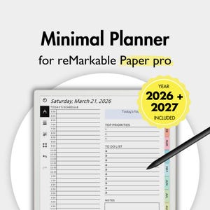 Può includere: Un'agenda digitale per reMarkable Paper pro con programma giornaliero, priorità e lista di cose da fare. Lo schermo mostra sabato 21 marzo 2026, un badge giallo con Year 2026 + 2027 Included e uno stilo nero.