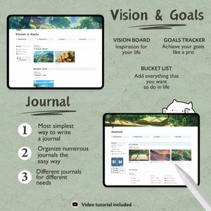 May include: A digital planner app interface with a green background. The app has three sections: Vision & Goals, Journal, and Bucket List. The Vision & Goals section has a vision board, goals tracker, and bucket list. The Journal section has a simple interface for writing and organizing journals. The Bucket List section has a list of items to add to a bucket list. The app has a video tutorial included.