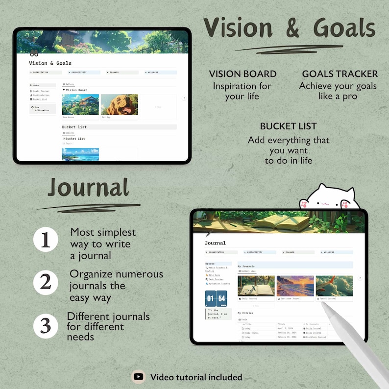 May include: A digital planner app interface with a green background. The app has three sections: Vision & Goals, Journal, and Bucket List. The Vision & Goals section has a vision board, goals tracker, and bucket list. The Journal section has a simple interface for writing and organizing journals. The Bucket List section has a list of items to add to a bucket list. The app has a video tutorial included.