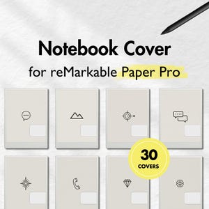 Könnte beinhalten: Eine Sammlung von Notizbuchhüllen für reMarkable Paper Pro mit verschiedenen minimalistischen Icon-Designs. Die Hüllen sind hellbeige, mit einem weißen rechteckigen Etikett auf jeder. Der Text "Notebook Cover" und "30 Covers" ist enthalten. Ein schwarzer Stift ist zu sehen.