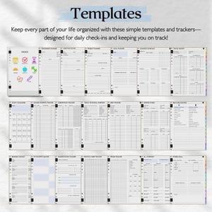 May include: A digital planner set featuring multiple templates including an index with colorful icons, Pomodoro planner, meeting notes, project planner, goal planner, cleaning schedule, travel budget, trackers for habits, finances, and health.