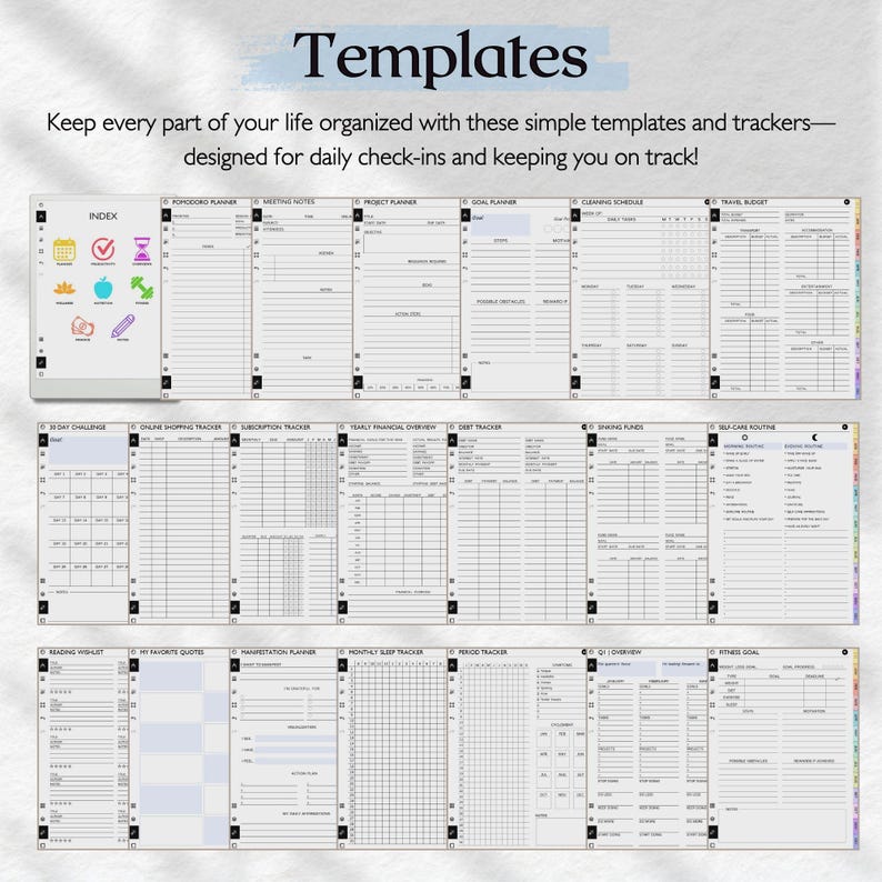 May include: A digital planner set featuring multiple templates including an index with colorful icons, Pomodoro planner, meeting notes, project planner, goal planner, cleaning schedule, travel budget, trackers for habits, finances, and health.