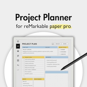 Puede incluir: Un planificador de proyectos digital para reMarkable paper pro. La pantalla muestra un plan de proyecto con secciones para la descripción general del proyecto, los pasos del proyecto, los recursos y el presupuesto. Un lápiz óptico está cerca de la pantalla. El texto "Project Planner" está en la parte superior.