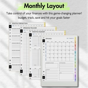 May include: A black and white printable monthly budget planner with sections for monthly reflection, spending tracker, monthly budget, and a calendar. The calendar is for January and has a section for this month's focus, top priorities, to do list, and notes.