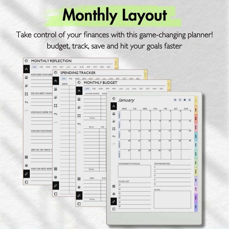 May include: A black and white printable monthly budget planner with sections for monthly reflection, spending tracker, monthly budget, and a calendar. The calendar is for January and has a section for this month's focus, top priorities, to do list, and notes.