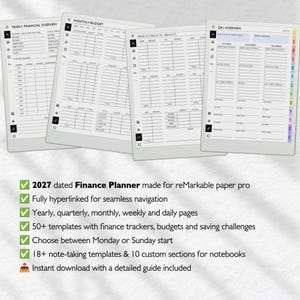 May include: Four digital tablet screens displaying a 2027 Finance Planner for reMarkable paper pro. The screens show Yearly Financial Overview, Monthly Budget, Week 12, and Q4 Overview templates with grids, tables, and navigation icons.