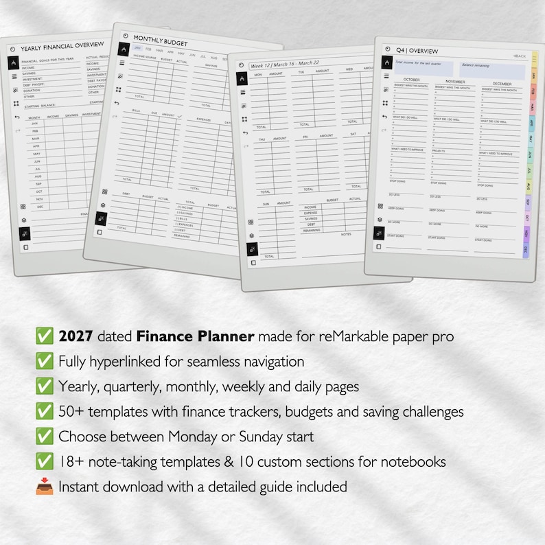 May include: Four digital tablet screens displaying a 2027 Finance Planner for reMarkable paper pro. The screens show Yearly Financial Overview, Monthly Budget, Week 12, and Q4 Overview templates with grids, tables, and navigation icons.