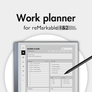 Könnte beinhalten: Eine digitale Arbeitsplaner-Vorlage für reMarkable 1 und 2 Tablets, angezeigt auf einem Bildschirm mit einem Workflow-Layout, das Abschnitte für Zeitplan, Aufgabenliste, Anrufe und E-Mails enthält, begleitet von einem schwarzen Eingabestift.