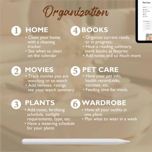 May include: A colorful infographic with the word "Organization" at the top and six numbered sections: Home, Movies, Plants, Books, Pet Care, and Wardrobe. Each section has a list of tips for organizing that area of life.