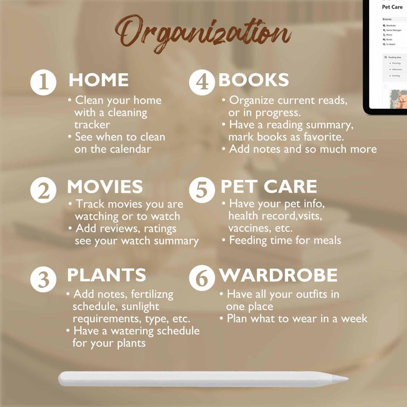 May include: A colorful infographic with the word "Organization" at the top and six numbered sections: Home, Movies, Plants, Books, Pet Care, and Wardrobe. Each section has a list of tips for organizing that area of life.