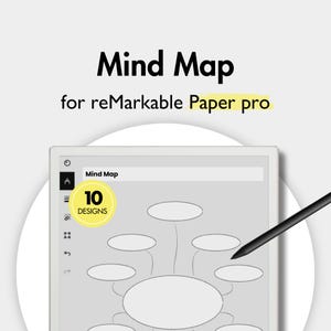 May include: A digital mind map template for reMarkable Paper pro. The image shows a tablet with a mind map design, a black stylus, and the text "Mind Map" and "10 Designs". The background is white.