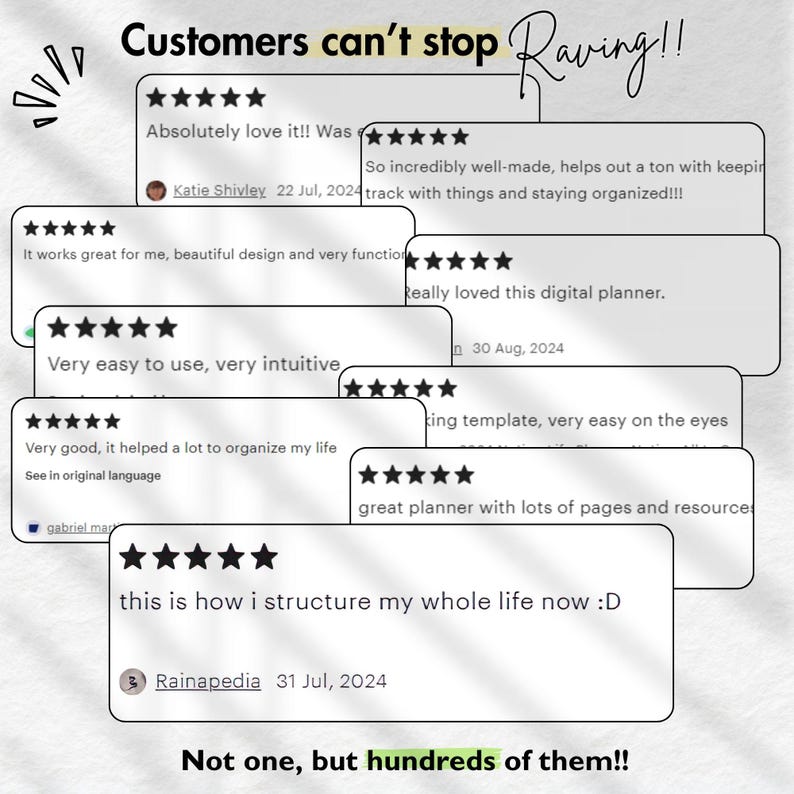 May include: A collection of overlapping five-star customer reviews displayed on a white background. The text at the top reads Customers can't stop Raving!! and the text at the bottom reads Not one, but hundreds of them!!