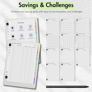 May include: A digital planner with a savings tracker and challenges. The planner has a white cover with black text and icons. The planner includes a savings tracker, a vacation savings tracker, a birthday savings tracker, a home savings tracker, a wedding savings tracker, and a car savings tracker. The planner also includes a 52-week savings challenge.