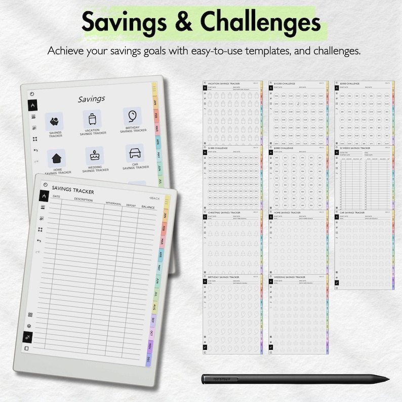 May include: A digital planner with a savings tracker and challenges. The planner has a white cover with black text and icons. The planner includes a savings tracker, a vacation savings tracker, a birthday savings tracker, a home savings tracker, a wedding savings tracker, and a car savings tracker. The planner also includes a 52-week savings challenge.