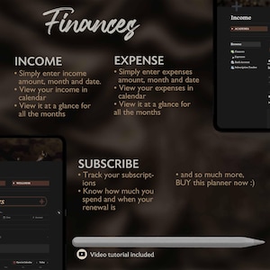 Op de afbeelding: Een digitale planner met een donkere achtergrond en gouden tekst. De planner is ontworpen om gebruikers te helpen hun financi&euml;n bij te houden, inclusief inkomsten, uitgaven en abonnementen. De tekst op het scherm luidt "Finances", "Inkomsten", "Uitgaven", "Abonneren" en "Video tutorial inbegrepen".