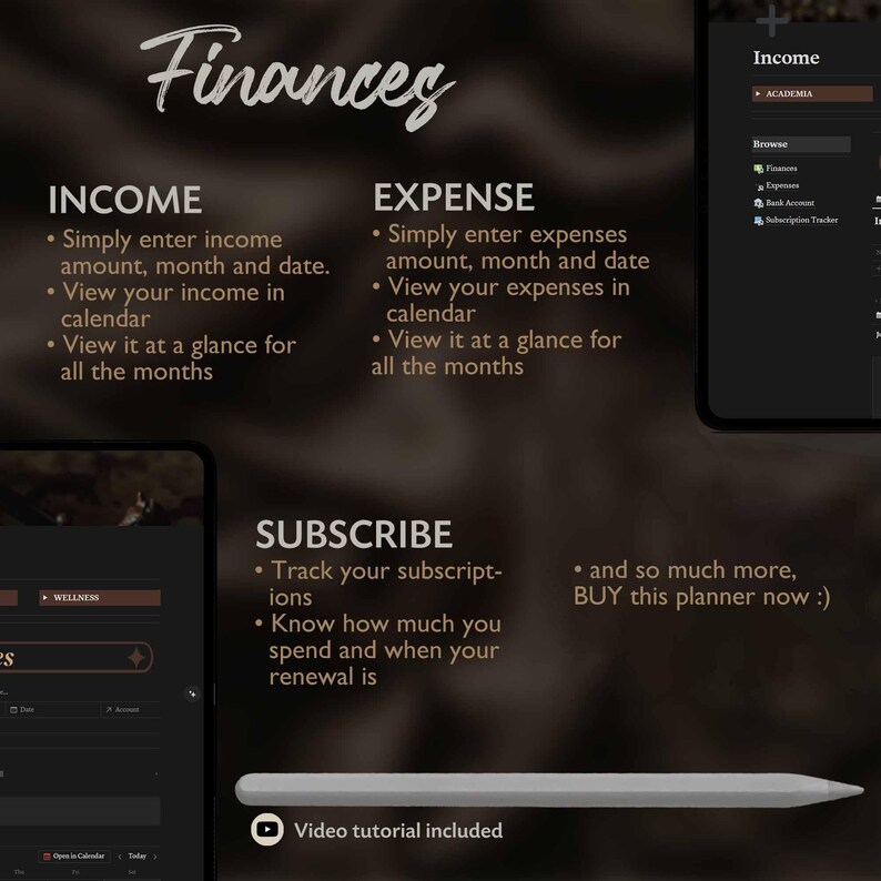 Op de afbeelding: Een digitale planner met een donkere achtergrond en gouden tekst. De planner is ontworpen om gebruikers te helpen hun financi&euml;n bij te houden, inclusief inkomsten, uitgaven en abonnementen. De tekst op het scherm luidt "Finances", "Inkomsten", "Uitgaven", "Abonneren" en "Video tutorial inbegrepen".