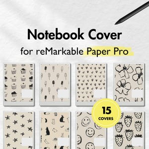 May include: Notebook covers for reMarkable Paper Pro, featuring various designs including cupcakes, ice pops, hearts, flowers, stars, cats, smiley faces, and strawberries. The covers are beige with black illustrations, and the image shows 15 different cover options.