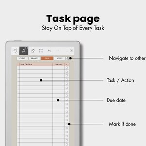 May include: A digital task page template displayed on a tablet screen with the text Task page and Stay On Top of Every Task. The interface includes columns for Task/Action and Due Date, with checkboxes to mark items as done and navigation icons.
