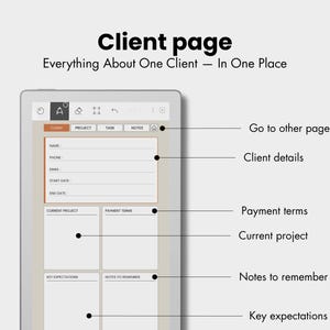 May include: A digital client page template featuring the text Client page and Everything About One Client &mdash; In One Place. The layout includes sections for client details, payment terms, current project, notes to remember, and key expectations.
