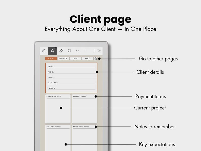 May include: A digital client page template featuring the text Client page and Everything About One Client &mdash; In One Place. The layout includes sections for client details, payment terms, current project, notes to remember, and key expectations.