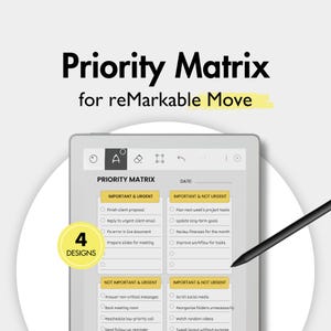 Könnte beinhalten: Ein digitales Tablet mit einer Vorlage für eine "Prioritätsmatrix" zur Aufgabenverwaltung. Der Bildschirm zeigt ein Raster mit Abschnitten für "Wichtig & Dringend" und "Wichtig & Nicht dringend" Aufgaben. Ein Stift schwebt über dem Bildschirm. Der Text "Priority Matrix" und "for reMarkable Move" sind oben zu sehen.