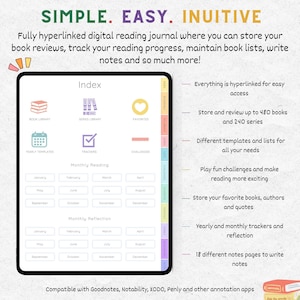 Puede incluir: Un diario de lectura digital en una tableta, dise&ntilde;ado para almacenar rese&ntilde;as de libros, realizar un seguimiento del progreso de la lectura y tomar notas. La interfaz incluye secciones para listas de libros y desaf&iacute;os de lectura. Las palabras "SIMPLE. EASY. INUITIVE" est&aacute;n en la parte superior. Compatible con Goodnotes, Notability, XODO, Penly y otras aplicaciones.