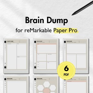 Może przedstawiać: Cyfrowy szablon planera zatytułowany Brain Dump dla reMarkable Paper Pro, zawierający sześć różnych układów stron z sekcjami na notatki, listy i diagramy. Czarny rysik znajduje się w prawym górnym rogu, a żółte koło wyświetla 6 PDF.