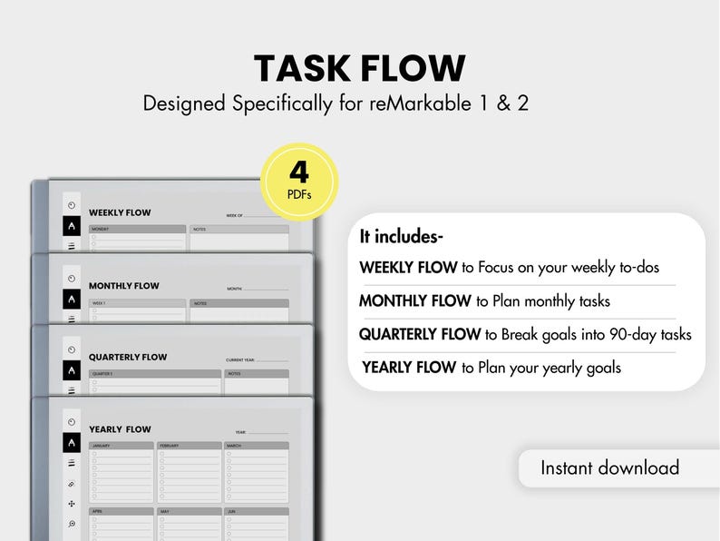 May include: Digital planner for reMarkable 1 & 2, titled "TASK FLOW." The image shows four PDF templates: Weekly, Monthly, Quarterly, and Yearly. The planner is designed to help users focus on weekly to-dos, plan monthly tasks, break goals into 90-day tasks, and plan yearly goals.