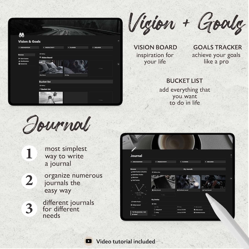 May include: A digital planner app interface with a dark background and white text. The app is divided into sections for vision board, goals tracker, bucket list, and journal. The text "Vision + Goals" is displayed at the top of the screen. The app is designed to help users organize their thoughts and ideas.