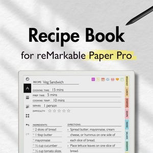 Puede incluir: Un bloc de notas digital blanco con una receta para un sándwich vegetariano. La receta incluye ingredientes, tiempo de cocción, tiempo de preparación, temperatura de cocción, porciones y nivel de dificultad. El bloc de notas tiene una pestaña amarilla con el texto "reMarkable Paper Pro" en él.