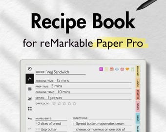 Recipe Book for reMarkable Paper Pro, Recipe Journal, Recipe Template, Digital Cookbook, Meal Planner for reMarkable, Grocery list