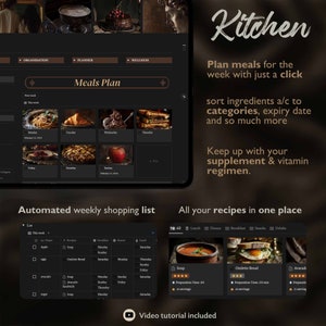 Op de afbeelding: Een donkergrijs scherm met een zwart-witte interface voor een keuken-app. De app heeft een maaltijdplanner, een wekelijkse boodschappenlijst en een receptengedeelte. De tekst op het scherm luidt "Keuken", "Plan maaltijden voor de week met slechts &eacute;&eacute;n klik", "Sorteer ingredi&euml;nten op categorie, vervaldatum en nog veel meer", "Blijf op de hoogte van je supplementen en je vitamine-regime", "Geautomatiseerde wekelijkse boodschappenlijst" en "Al je recepten op &eacute;&eacute;n plek".