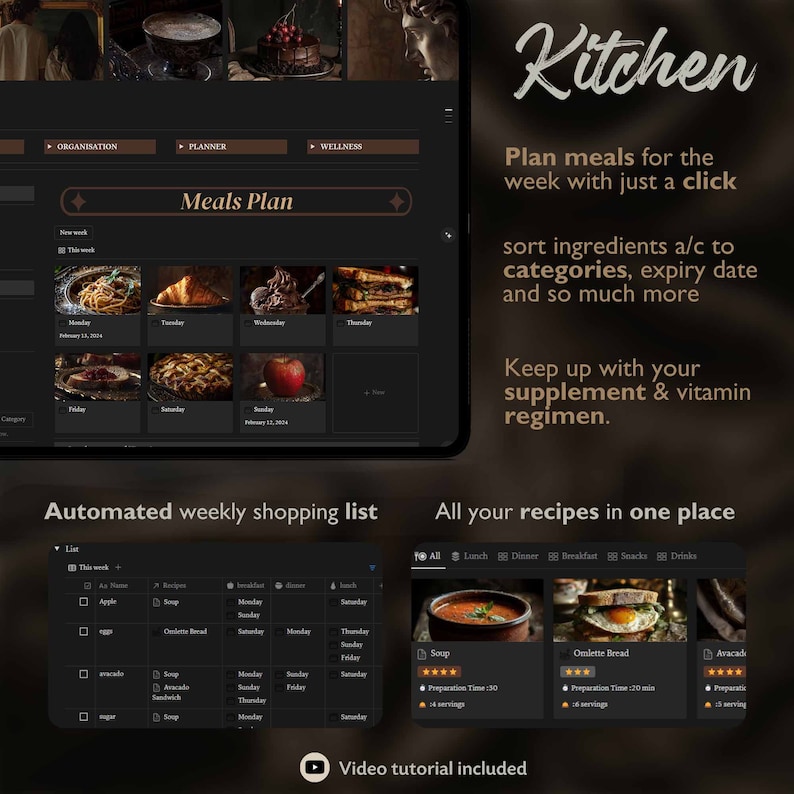 Op de afbeelding: Een donkergrijs scherm met een zwart-witte interface voor een keuken-app. De app heeft een maaltijdplanner, een wekelijkse boodschappenlijst en een receptengedeelte. De tekst op het scherm luidt "Keuken", "Plan maaltijden voor de week met slechts &eacute;&eacute;n klik", "Sorteer ingredi&euml;nten op categorie, vervaldatum en nog veel meer", "Blijf op de hoogte van je supplementen en je vitamine-regime", "Geautomatiseerde wekelijkse boodschappenlijst" en "Al je recepten op &eacute;&eacute;n plek".
